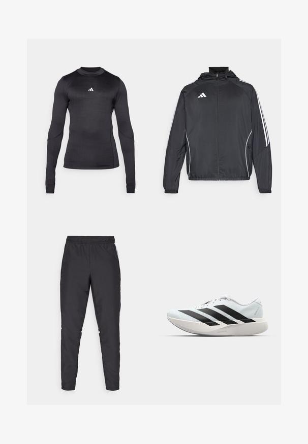 Sort atletisk jakke med hætte, med hvide striber langs ærmerne og lynlås foran. Lavet af et glat, let materiale.; Langærmet træningsskjorte i sort med en slim fit, rund halsudskæring og et hvidt Adidas-logo på brystet. Glat, strækbart stof.; Sorte atletiske bukser med elastisk talje, snævre ben og hvide sidelæggi. Fremstillet af syntetisk materiale med en glat overflade.; Letvægtige løbesko i lys blå med sorte striber. Har en glat overdel, rund tå og tyk hvid mellemsål mærket "LIGHTSTRIKE PRO."