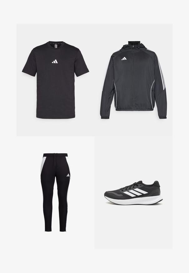 Černá sportovní bunda s kapucí, s bílými pruhy podél rukávů a s předním zipem. Vyrobena z hladkého, lehkého materiálu.; Černé bavlněné tričko s krátkým rukávem, s bílým logem Adidas na hrudi. Klasický design s kulatým výstřihem.; Černé sportovní kalhoty se bílými bočními panely, slim fit, elastický pas se šňůrkou a malé bílé logo na levé dolní noze.; Černá sportovní obuv s prodyšným síťovaným svrškem, bílými akcenty a polstrovanou podrážkou. Na boku se nachází logo se třemi pruhy.
