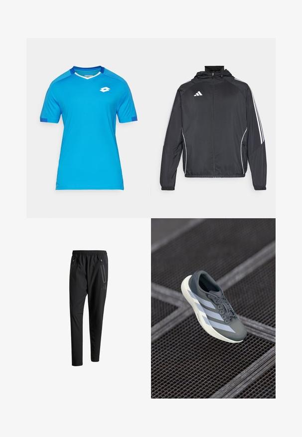 Svart sportsjakke med hette, med hvite striper langs ermene og glidelås foran. Laget av et glatt, lett stoff.; Kortermet treningsskjorte laget av blått stoff med mesh-detaljer. Har v-hals, hvite kanter og en liten hvit logo på brystet.; Svarte treningsbukser med elastisk liv, to glidelåslommer på sidene, avsmalnende ben og en subtil logo detalj ved hoften.; Sportsko leketøy i grått og hvitt, laget av syntetisk materiale, med et strømlinjeformet design, teksturert overflate og fremtredende snøresystem.