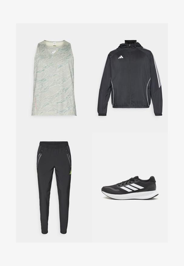 Sort atletisk jakke med hætte, med hvide striber langs ærmerne og lynlås foran. Lavet af et glat, let materiale.; Lys grå ærmeløs atletisk top med et bølgemønster i nuancer af blå og grøn, med et lille logo og mærke ved kanten.; adidas Performance REAL MADRID TIRO25 PRO VIS TECH TRAVEL PANT - Klub merchandise - black/lucid lemon; Sort atletik sko med åndbart mesh-overdel, hvide accenter og en polstret sål. Har tre-stripes logo på siden.