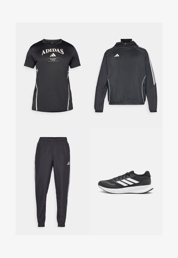 Svart sportsjakke med hette, med hvite striper langs ermene og glidelås foran. Laget av et glatt, lett stoff.; Svart Adidas treningsskjorte med korte ermer, med hvit logo tekst og sideaksenter. Glatt tekstur og atletisk passform.; Svart treningsbukser med elastisk liv, med hvite striper langs sidene og en liten logo på hoften. Glatt tekstur.; Svarte sportsko med pustende mesh-overdel, hvite detaljer og en polstret såle. Har tre striper-logo på siden.