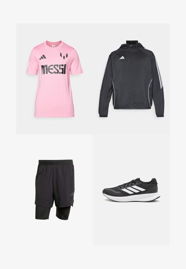 Chaqueta atlética negra con capucha, con rayas blancas a lo largo de las mangas y un cierre frontal con cremallera. Hecha de un tejido suave y ligero.; Camiseta de algodón rosa con el texto impreso en negro "MESSI", el logo de adidas y detalles de diseño distintivos en los hombros. Mangas cortas.; Bermudas deportivas negras con capa interior integrada, hechas de un tejido transpirable. Presentan un logo sutil y una textura estructurada. Cintura ajustable.; Zapatilla deportiva negra con parte superior de malla transpirable, acentos en blanco y una suela acolchada. Presenta el logo de tres rayas en el costado.