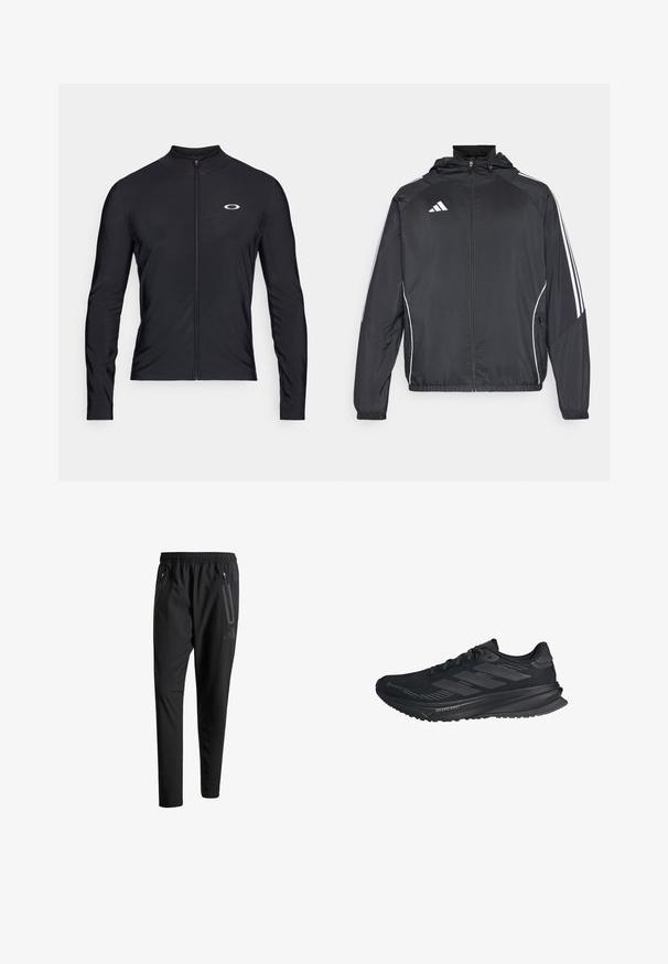 Veste de sport noire avec capuche, présentant des bandes blanches le long des manches et un devant zippé. Fabriquée en tissu léger et lisse.; Chemise noire à manches longues avec zip, en tissu léger ; elle possède un col rond et un petit logo imprimé sur le côté supérieur gauche.; Pantalons de sport noirs avec une taille élastique, deux poches latérales zippées, des jambes fuselées et un détail de logo subtil sur la hanche.; Chaussure de course noire Adidas avec un dessus en Gore-Tex, trois bandes sur le côté et "Dreamstrike" sur la semelle, vue de l'extérieur.