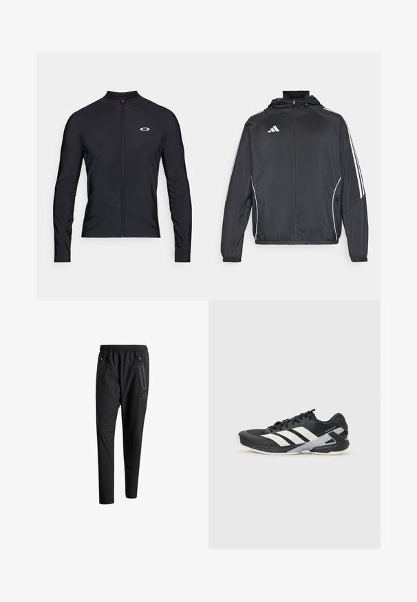 Svart sportsjakke med hette, med hvite striper langs ermene og glidelås foran. Laget av et glatt, lett stoff.; Svart langermet zip-up skjorte laget av lett stoff; har en rund krage og liten logo trykket på øvre venstre side.; Svarte treningsbukser med elastisk liv, to glidelåslommer på sidene, avsmalnende ben og en subtil logo detalj ved hoften.; Svart treningssko med hvite striper, mesh-overdel, avrundet tå og polstret såle. Har en teksturert hæl og et sikkert snøresystem.