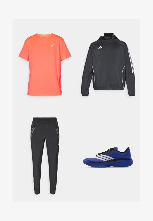 Juodas sportinis džemperis su kapišonu, turintis baltas juosteles palei rankoves ir užtrauktuką priekyje. Pagamintas iš lygaus, lengvo audinio.; Trumpas rankovės sportinis marškinėliai ryškiai koralinės spalvos, pagaminti iš lengvos, lygaus audinio su baltu logotipu kairiajame krūtinės kampe.; adidas Performance REAL MADRID TIRO25 PRO VIS TECH TRAVEL PANT - Sporto klubų atributika - black/lucid lemon; adidas Performance ADIZERO SELECT 3.0 - Krepšinio batai - lucid blue/core black/metallic