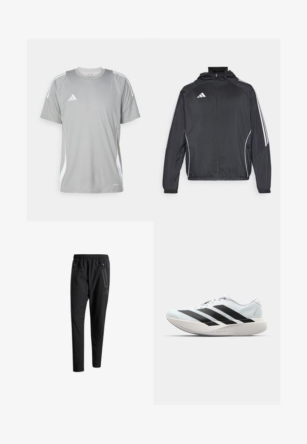 Fekete sportos dzseki kapucnival, fehér csíkokkal az ujjak mentén és cipzáras elülső résszel. Simább, könnyű anyagból készült.; Világosszürke sportpóló rövid ujjakkal, fehér részletekkel és adidas logóval a bal mellrészen. Légáteresztő anyagból készült.; Fekete sportos nadrág elasztikus derékpánttal, két cipzáras oldalt zsebbel, tapered lábakkal és diszkrét logóval a csípőn.; Világoskék, fekete csíkos könnyű futószerek. Simább felső résszel, kerek orral és vastag fehér középtalppal, amelyen a "LIGHTSTRIKE PRO" felirat olvasható.