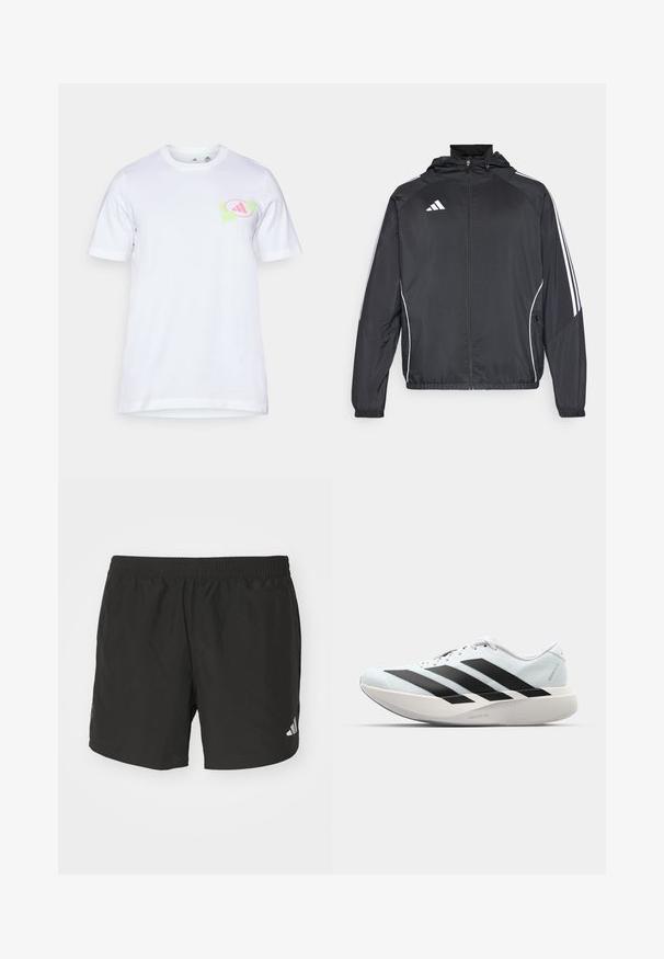 Sort atletisk jakke med hætte, med hvide striber langs ærmerne og lynlås foran. Lavet af et glat, let materiale.; Hvid bomulds t-shirt med korte ærmer. Har et grafisk design i lyserød og grøn på venstre bryst, der ligner et logo.; Sorte atletiske shorts med elastisk talje, sideskår og reflekslogo detajler. Fremstillet af letvægts, glat stof.; Letvægtige løbesko i lys blå med sorte striber. Har en glat overdel, rund tå og tyk hvid mellemsål mærket "LIGHTSTRIKE PRO."