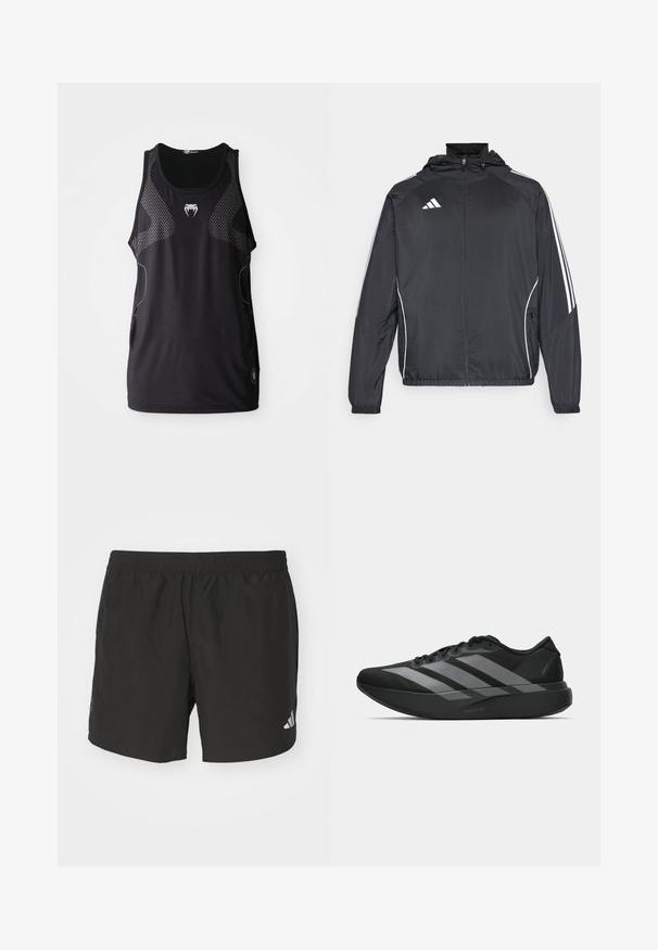 Chaqueta atlética negra con capucha, con rayas blancas a lo largo de las mangas y un cierre frontal con cremallera. Hecha de un tejido suave y ligero.; Chaleco deportivo negro con escote redondo, paneles laterales de malla y un logo reflectante en el centro. Tejido suave y ligero.; Pantalones cortos deportivos negros con cintura elástica, aberturas laterales y acentos de logo reflectantes. Hechos de una tela liviana y suave.; Zapatillas deportivas negras con un diseño ligero, que presentan tres franjas grises prominentes, una textura suave y una suela contorneada.