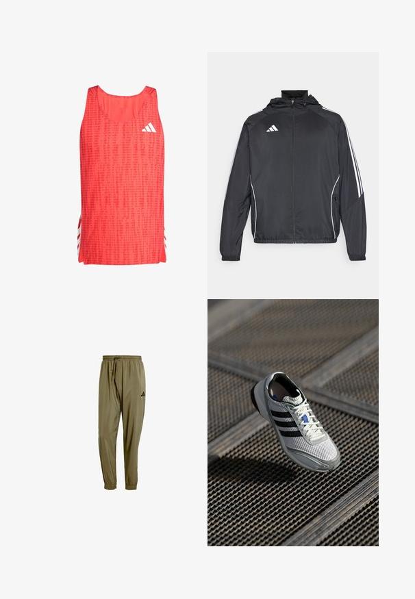 Giacca atletica nera con cappuccio, caratterizzata da strisce bianche lungo le maniche e chiusura con zip frontale. Realizzata in un tessuto liscio e leggero.; Top sportivo rosso con un motivo testurizzato, scollatura a girocollo e logo Adidas bianco. Le fessure laterali rivelano strisce bianche per un tocco di dettaglio in più.; Pantaloni sportivi verde oliva realizzati in materiale leggero, con vita elasticizzata, cordino e un logo nero sulla gamba sinistra.; Scarpa da corsa leggera con tomaia in mesh bianco, tre strisce nere, dettagli grigi e suola testurizzata per una presa migliore.
