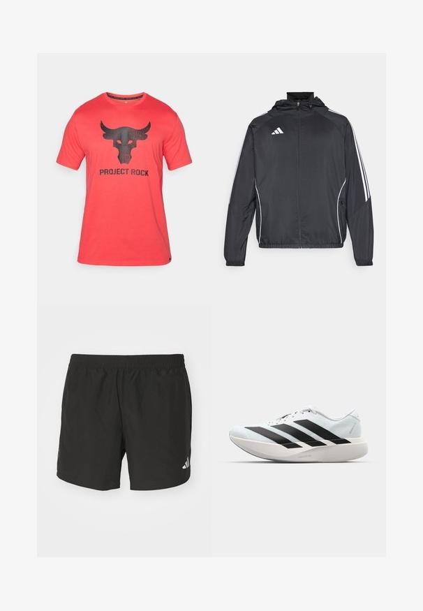 Čierna športová bunda s kapucňou, ktorá má biele pruhy pozdĺž rukávov a zips v prednej časti. Vyrobená z hladkej, ľahkej tkaniny.; Červené tričko s krátkym rukávom, na ktorom sa nachádza opotrebovaný grafický motív čiernej lebky býka a text "PROJECT ROCK" pod ním. Vyrobené z jemnej tkaniny.; Čierne atletické šortky s elastickým pásom, bočnými rozparkami a reflexnými logovými akcentmi. Vyrobené z ľahkej, hladkej tkaniny.; Ľahké bežecké topánky v svetlomodrej farbe s čiernymi pruhmi. Majú hladký zvršok, okrúle špičky a hrubú bielu medzipodrážku označenú "LIGHTSTRIKE PRO."