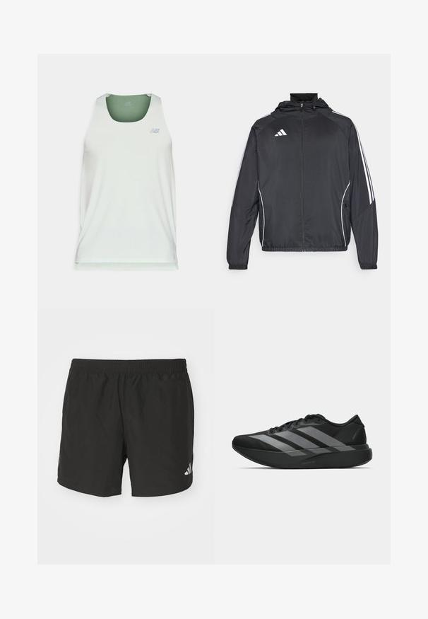 Čierna športová bunda s kapucňou, ktorá má biele pruhy pozdĺž rukávov a zips v prednej časti. Vyrobená z hladkej, ľahkej tkaniny.; Svetlozelený bezrukávový športový top vyrobený z hladkej tkaniny. Má okrúhly dekolt a jemné logo na prednej strane.; Čierne atletické šortky s elastickým pásom, bočnými rozparkami a reflexnými logovými akcentmi. Vyrobené z ľahkej, hladkej tkaniny.; Čierne športové topánky s ľahkým dizajnom, obsahujúce tri výrazné šedé pruhy, hladkú textúru a kontúrovanú podrážku.