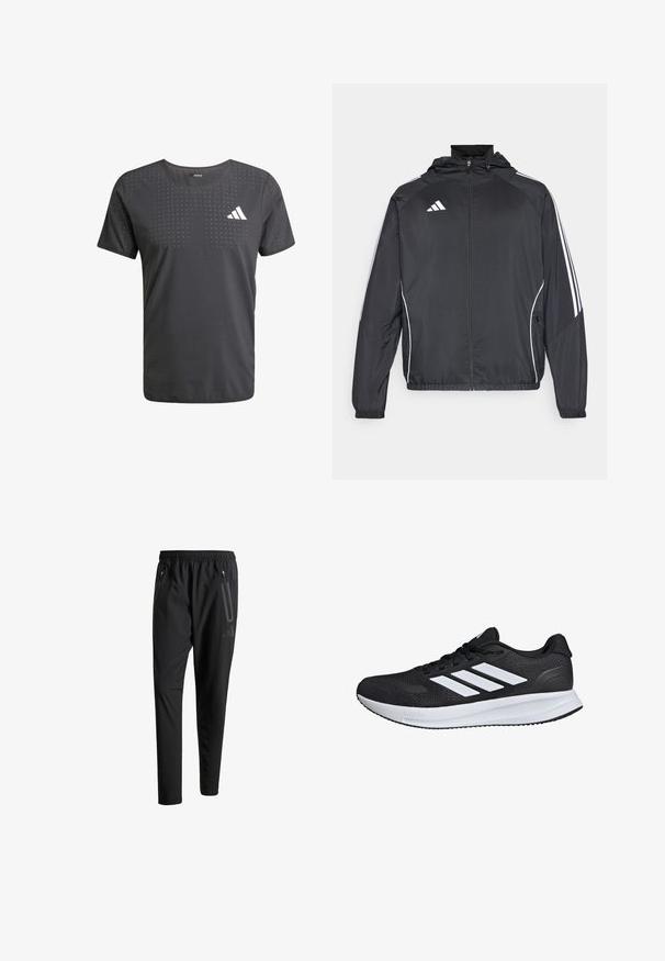 Crna atletska jakna s kapuljačom, s bijelim prugama duž rukava i zatvaranjem na zip. Izrađena od glatkog, laganog materijala.; Muška crna sportska majica s okruglim izrezom, s perforiranim dizajnom i bijelim logom na lijevoj strani prsa. Napravljena od lagane tkanine.; Crne atletske hlače s elastičnim pojasom, dva bočna džepa sa zatvaračem, suženi nogavici i diskretnim logotipom na kuku.; Crne atletske cipele s bijelim prugama, mrežastim gornjim dijelom, ublaženom potplatom i teksturiranim detaljima. Imaju vezanje na vezice i logotip branda na jeziku.
