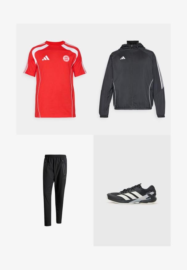 Svart sportsjakke med hette, med hvite striper langs ermene og glidelås foran. Laget av et glatt, lett stoff.; Rød kortermet trøye laget av lett stoff, med hvite detaljer, rund hals og FC Bayern München-logo på forsiden.; Svarte treningsbukser med elastisk liv, to glidelåslommer på sidene, avsmalnende ben og en subtil logo detalj ved hoften.; Svart treningssko med hvite striper, mesh-overdel, avrundet tå og polstret såle. Har en teksturert hæl og et sikkert snøresystem.
