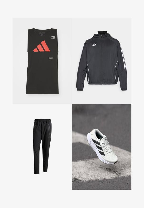 Svart sportsjakke med hette, med hvite striper langs ermene og glidelås foran. Laget av et glatt, lett stoff.; adidas Performance ALL GYM CATEGORY GRAPHIC - Topper - black; Svarte treningsbukser med elastisk liv, to glidelåslommer på sidene, avsmalnende ben og en subtil logo detalj ved hoften.; Hvit sportsko med teksturert mesh-overdel, svarte striper, snøring og en polstret såle, svevende over en markert veidoverflate.