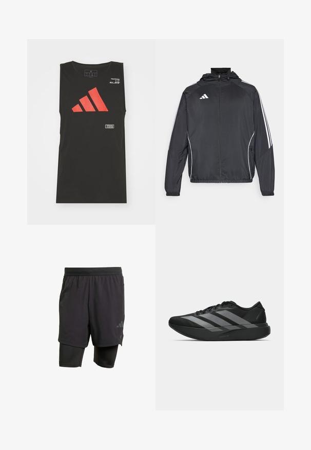Zwarte sportjack met capuchon, voorzien van witte strepen langs de mouwen en een ritssluiting aan de voorkant. Gemaakt van een gladde, luchtige stof.; adidas Performance ALL GYM CATEGORY GRAPHIC - Top - black; Zwarte sportshorts met geïntegreerde binnenlaag, gemaakt van ademend materiaal. Bevat een subtiele logo en gestructureerde textuur. Verstelbare tailleband.; Zwarte sportieve schoenen met een lichtgewicht ontwerp, voorzien van drie opvallende grijze strepen, een gladde textuur en een gevormde zool.