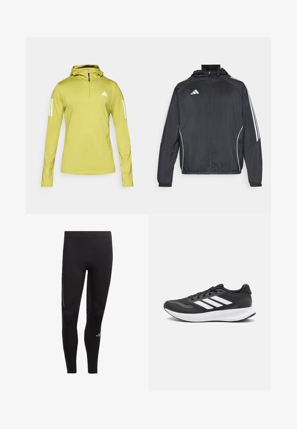 Sort atletisk jakke med hætte, med hvide striber langs ærmerne og lynlås foran. Lavet af et glat, let materiale.; Lys grøn langærmet hoodie med halv-lynlås, med hvide striber på ærmerne og et logo på brystet. Tekstureret strækstof.; Sorte atletiske leggings lavet af strækbart materiale, med høj talje, reflekterende detaljer og et logo nær anklen. Glat tekstur.; Sort atletik sko med åndbart mesh-overdel, hvide accenter og en polstret sål. Har tre-stripes logo på siden.