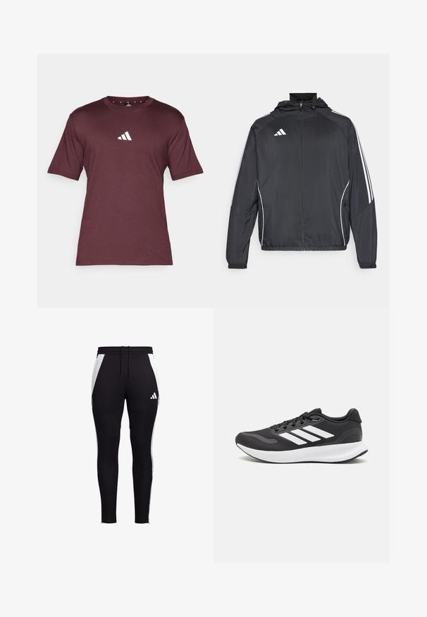 Czarna sportowa kurtka z kapturem, z białymi paskami wzdłuż rękawów i zasuwanym przodem. Wykonana z gładkiego, lekkiego materiału.; Bordowa koszulka krótki rękaw z miękkiej bawełny, z białym logo Adidas na piersi i klasycznym okrągłym dekoltem.; Czarne sportowe spodnie z białymi panelami bocznymi, dopasowane, z elastycznym pasem na sznurku oraz małym białym logo na dolnej lewej nodze.; Czarne buty sportowe z oddychającą siateczką, białymi akcentami i wyściełaną podeszwą. Posiadają logo w postaci trzech pasków po boku.
