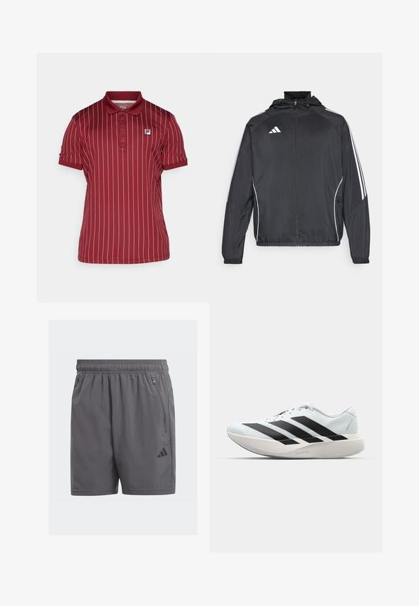 Svart sportsjakke med hette, med hvite striper langs ermene og glidelås foran. Laget av et glatt, lett stoff.; Fila STRIPES BJÖRN - Poloskjorter - cabernet/white alyssum; Grå treningsshorts med elastisk midjebånd, sidelommer med glidelås, og en svart logoakkent. Lett, glatt tekstur og knelange.; Lette løpesko i lys blå med svarte striper. Har en myk overdel, rund tå og tykk hvit mellomsole merket "LIGHTSTRIKE PRO."