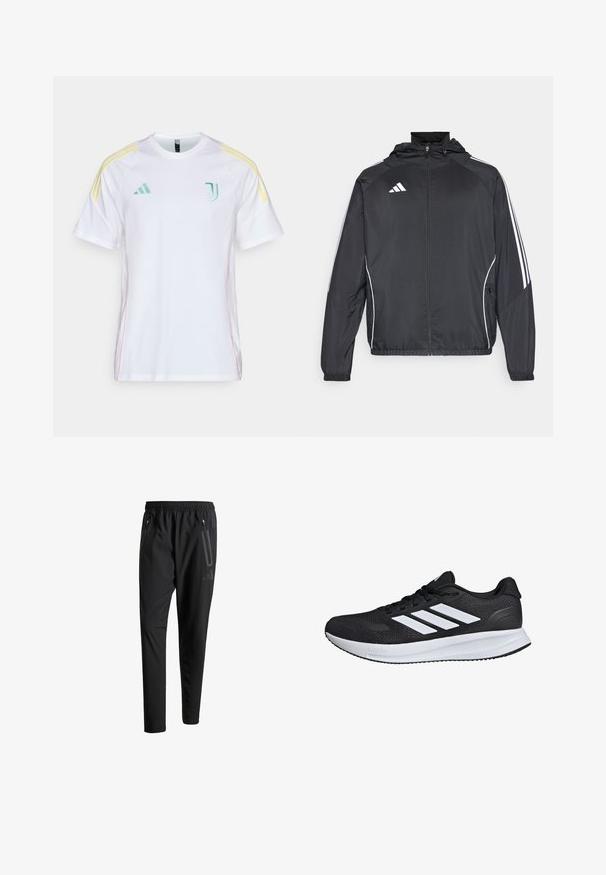 Zwarte sportjack met capuchon, voorzien van witte strepen langs de mouwen en een ritssluiting aan de voorkant. Gemaakt van een gladde, luchtige stof.; Witte korte mouwen jersey met contrasterende gele accentstrepen op de schouders. Kenmerkt zich door een geborduurd groen logo op de borst en roze zijstiksels.; Zwarte sportbroeken met een elastische tailleband, twee ritszakken aan de zijkant, taps toelopende pijpen en een subtiele logo-detail op de heup.; Zwarte sportschoen met witte strepen, bovenwerk van mesh, gevoerde zool en gestructureerde accenten. Voorzien van een vetersluiting en merkl logo op de tong.