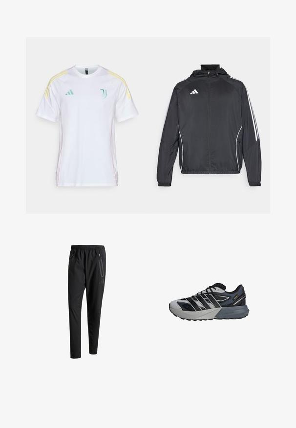 Black athletic jacket with a hood, featuring white stripes along the sleeves and a zippered front. Made from a smooth, lightweight fabric.; White short-sleeve jersey with contrasting yellow accent stripes on shoulders. Features embroidered green logo on chest and pink side stitching.; Black athletic pants with an elastic waistband, two zippered side pockets, tapered legs, and a subtle logo detail on the hip.; Sport shoes with a black and gray upper, featuring a textured design, prominent lacing system, and a cushioned light gray sole.