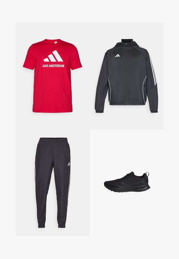 Musta urheilu takki hupulla, jossa on valkoiset raidat hihoissa ja vetoketjuzulu etupuolella. Valmistettu sileästä, kevyestä kankaasta.; Punainen puuvillapaita, jossa on valkoinen Adidas-logo ja "AJAX AMSTERDAM" -teksti. Lyhyet hihat, pyöreä kaula-aukko, normaali istuvuus.; Mustat urheiluhousut elastisella vyötäröllä, joissa on valkoiset raidat sivuilla ja pieni logo lantion kohdalla. Sileä materiaali.; Musta urheilujalkine, jossa on teksturoitu kangas yläosa, kolme vaakasuoraa raitaa, pehmustettu nilkkapanta ja kestävä kumipohja.