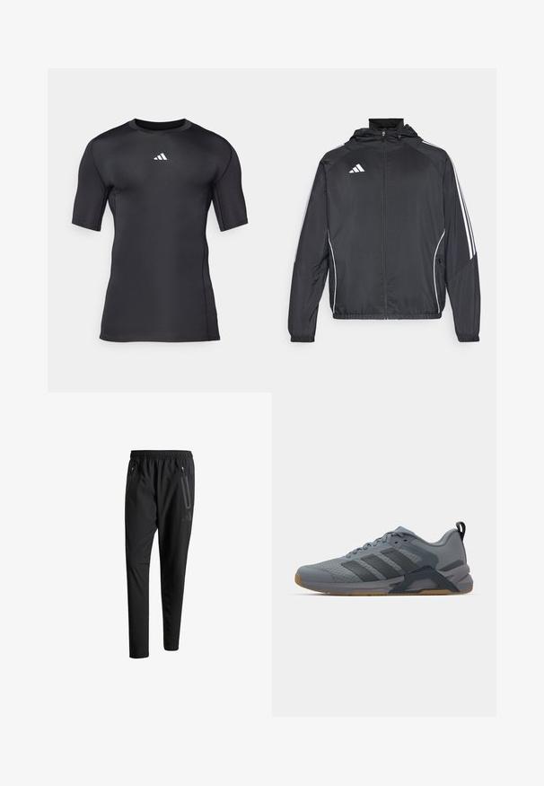 Must värvi sportlik jakk kapuutsiga, millel on valged triibud varrukatel ja lukuga esiosa. Valmistatud siledast, kergest kangast.; Must musta lühikeste varrukatega T-särk, mis on valmistatud siledast, venivast kangast. Rindkeres on valge logo ja mugavuse tagavad lameõmblused.; Mustavad spordipüksid elastse vöökoha, kahe tõmblukuga küljetasku, kitsenevate säärete ning õrna logodetailiga puusadel.; Hallitatud hall spordijalats, millel on tekstuuriga pealmine osa, kolm tumeda halli triipu, kummine tald ja tugevdatud kontsaosa. Omab saleda disaini.