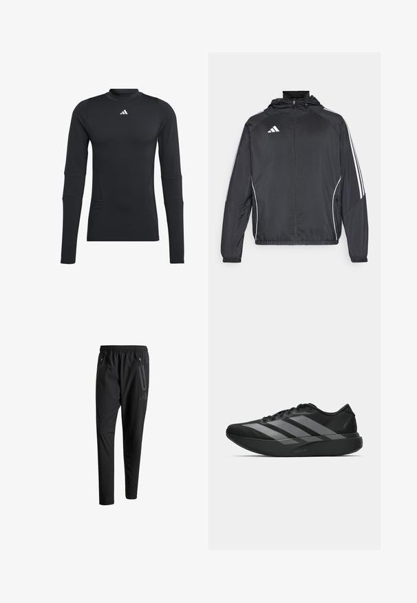 Schwarze Sportjacke mit Kapuze, ausgestattet mit weißen Streifen an den Ärmeln und einem Reißverschluss vorne. Hergestellt aus einem glatten, leichten Stoff.; Schwarzes langärmeliges Sporthemd aus glattem, dehnbarem Stoff. Verfügt über einen Rundhalsausschnitt und ein kleines weißes Logo auf der Brust.; Schwarze Sporthose mit elastischem Bund, zwei Reißverschlusstaschen an den Seiten, schmal zulaufenden Beinen und einem dezenten Logo-Detail an der Hüfte.; Schwarze Sportschuhe mit einem leichten Design, ausgestattet mit drei auffälligen grauen Streifen, einer glatten Textur und einer konturierten Sohle.