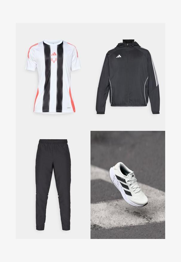 Zwarte sportjack met capuchon, voorzien van witte strepen langs de mouwen en een ritssluiting aan de voorkant. Gemaakt van een gladde, luchtige stof.; Witte sporttrui met zwarte verticale strepen en rode accenten op de schouders. Voorzien van AeroReady-technologie voor vochtregulatie.; Zwarte sportbroek met een elastische tailleband, taps toelopende benen en witte zijkanten. Gemaakt van synthetisch materiaal met een gladde textuur.; Witte sportschoen met een textuur van mesh, zwarte strepen, vetersluiting en een gevoerde zool, zwevend boven een gemarkeerd wegoppervlak.
