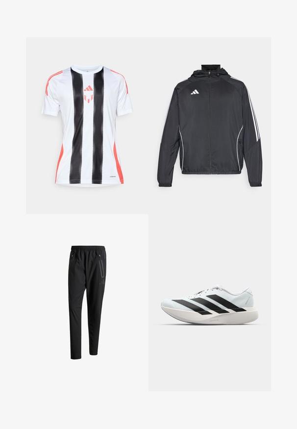Melnā sporta jaka ar kapuci, ar baltām svītrām pa piedurknēm un ar rāvējslēdzēju priekšpusē. Izgatavota no gludas, vieglas auduma.; Balts sporta krekls ar melnām vertikālām svītrām un sarkanām akcentiem plecos. Iekļauta AeroReady tehnoloģija mitruma pārvaldībai.; Melni sporta bikses ar elastīgu vidukli, divām kabatām ar rāvējslēdzējiem sānos, sašaurinātām kājām un diskrētu logo detaļu uz gurniem.; Gaiši zili vieglie skriešanas apavi ar melniem svītrainiem. Iezīmēti ar gludu augšpusi, apaļu purngalu un biezāko balto vidējo zoli, kurā ir uzraksts "LIGHTSTRIKE PRO."