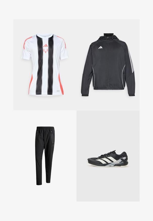 Zwarte sportjack met capuchon, voorzien van witte strepen langs de mouwen en een ritssluiting aan de voorkant. Gemaakt van een gladde, luchtige stof.; Witte sporttrui met zwarte verticale strepen en rode accenten op de schouders. Voorzien van AeroReady-technologie voor vochtregulatie.; Zwarte sportbroeken met een elastische tailleband, twee ritszakken aan de zijkant, taps toelopende pijpen en een subtiele logo-detail op de heup.; Zwarte sportschoen met witte strepen, bovenwerk van mesh, ronde neus en geveerde zool. Heeft een getextureerde hak en een veilig vetersysteem.