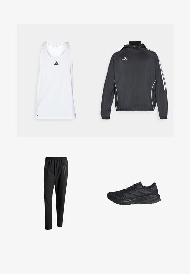 Giacca atletica nera con cappuccio, caratterizzata da strisce bianche lungo le maniche e chiusura con zip frontale. Realizzata in un tessuto liscio e leggero.; Canotta atletica bianca con scollatura rotonda, design a schiena scoperta, logo nero sul petto e tessuto liscio e leggero.; Pantaloni sportivi neri con vita elastica, due tasche laterali con cerniera, gambe affusolate e un sottile dettaglio del logo sull'anca.; Scarpa da corsa nera Adidas con tomaia in Gore-Tex, tre righe sul lato e "Dreamstrike" sulla suola, vista dal lato esterno.