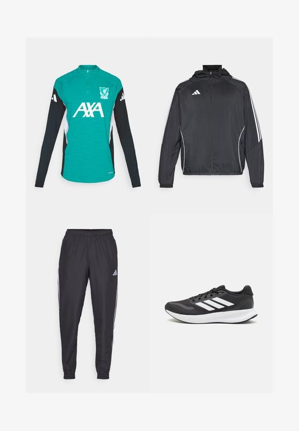 Melnā sporta jaka ar kapuci, ar baltām svītrām pa piedurknēm un ar rāvējslēdzēju priekšpusē. Izgatavota no gludas, vieglas auduma.; adidas Performance LIVERPOOL FC 25/26 EUROPEAN PRO TRAINING TOP - Kluba apģērbs - sea green; Melni sporta bikses ar elastīgu jostu, kurām abās pusēs ir baltas svītras un maza logo uz gurniem. Gluda tekstūra.; Melnas sporta kurpes ar elpojošu acs augšu, baltām akcentiem un mīkstu zoli. Sānā ir trīs svītru logo.
