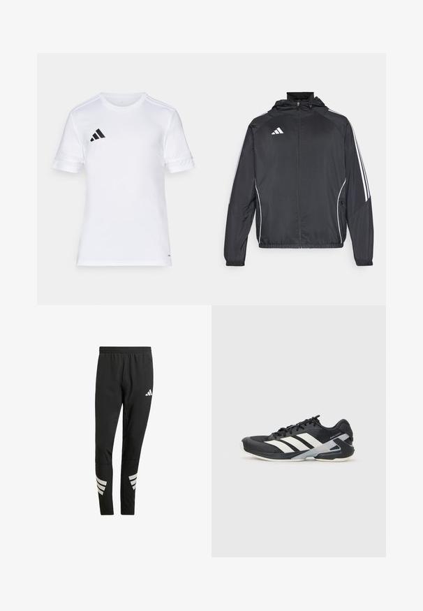 Must värvi sportlik jakk kapuutsiga, millel on valged triibud varrukatel ja lukuga esiosa. Valmistatud siledast, kergest kangast.; Valge lühikeste varrukatega spordipaita, millel on must kolmerealine disain õlgadel ja logo vasakul rinnaosal. Sile ja kerge kangas.; Mustad mustreeritud mustad sportpantsid elastse vöökohtaga, mille alumistel jalgadel on peegeldavad valged aksendid triibumustrites. Valmistatud siledast kangast.; Mustad sportlik jalanõud mustade värvidega, valgete triipudega, võrgusilma pealmine osa, ümar varvas ja pehme tallaga. Omab tekstureeritud kontsa ja kindlat paeltesüsteemi.