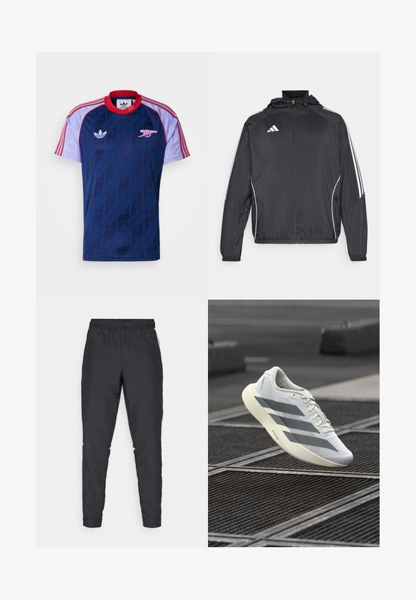 Svart idrottsjacka med huva, med vita ränder längs ärmarna och dragkedja framtill. Tillverkad av ett mjukt, lätt material.; Marinblå sporttröja med kontrasterande röda och ljuslila ärmar, med ett emblem och en subtil grafisk mönstring på kroppsdelen.; Svarta träningsbyxor med elastisk midjeband, smalnande ben och vita sidodetaljer. Tillverkade av syntetiskt material med en slät yta.; Vitt sportskor med texturerat mesh-överdel, med grå ränder och en dämpad sula. Lätt design som passar för löpning.