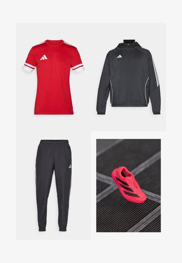 Fekete sportos dzseki kapucnival, fehér csíkokkal az ujjak mentén és cipzáras elülső résszel. Simább, könnyű anyagból készült.; Piros sport póló rövid ujjakkal. Fehér díszítések az ujjakon és három fehér csík a vállakon. Simaság és könnyű anyagból készült.; Fekete sportnadrág elasztikus derékkal, oldalán fehér csíkokkal és egy apró logóval a csípőn. Sima textúra.; Fényes rózsaszín futócipő fekete csíkokkal, könnyű hálós anyagból készült, texturált talppal és fűzős kivitelben.