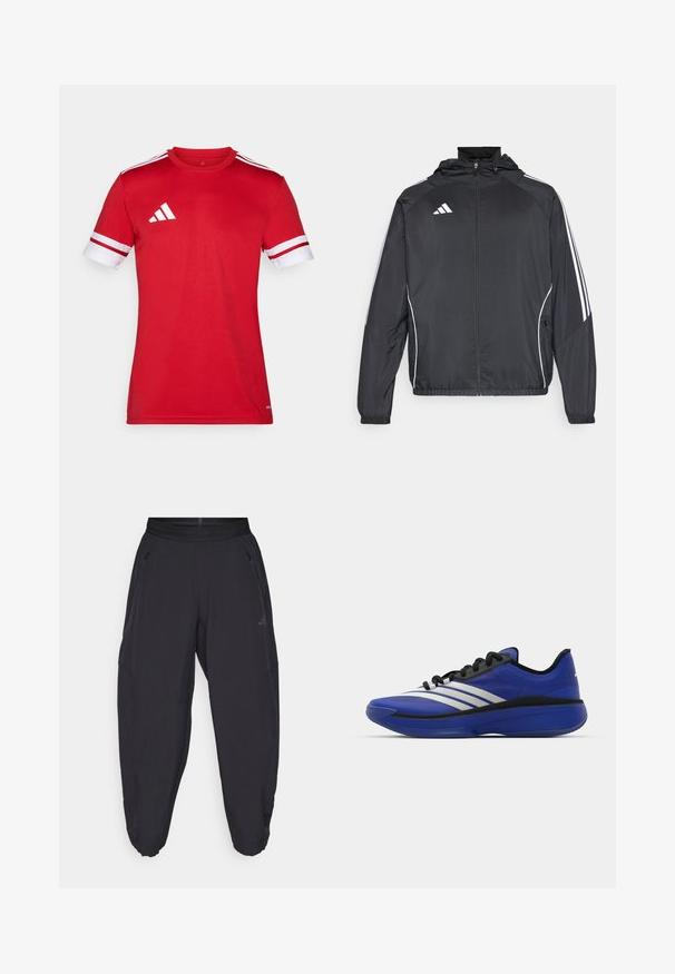 Melnā sporta jaka ar kapuci, ar baltām svītrām pa piedurknēm un ar rāvējslēdzēju priekšpusē. Izgatavota no gludas, vieglas auduma.; Sarkans sporta T-krekls ar īsām piedurknēm. Baltas accenti uz piedurknēm un trīs baltas svītras uz pleciem. Izgatavots no gludas, vieglas auduma.; Melni sporta bikses ar elastīgu jostu, ar kabatām ar rāvējslēdzēju sānos, sašaurinātām kājām un diskrētu logotipu labajā augšstilbā.; adidas Performance ADIZERO SELECT 3.0 - Basketbola apavi - lucid blue/core black/metallic