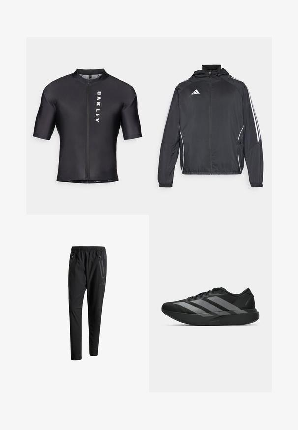 Black athletic jacket with a hood, featuring white stripes along the sleeves and a zippered front. Made from a smooth, lightweight fabric.; Short-sleeve cycling jersey made of black, smooth fabric. Features a front zipper and "OAKLEY" printed in white on the left side.; Black athletic pants with an elastic waistband, two zippered side pockets, tapered legs, and a subtle logo detail on the hip.; Black athletic shoes with a lightweight design, featuring three prominent gray stripes, a smooth texture, and a contoured sole.