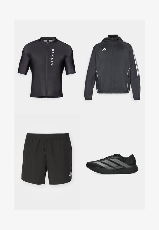 Fekete sportos dzseki kapucnival, fehér csíkokkal az ujjak mentén és cipzáras elülső résszel. Simább, könnyű anyagból készült.; Fél hosszú ujjú kerékpáros mez fekete, sima anyagból. Elülső cipzárral rendelkezik, és bal oldalon fehér "OAKLEY" felirattal díszített.; Fekete sportos rövidnadrág rugalmas derékkal, oldalsó hasítékokkal és fényvisszaverő logókkal. Könnyű, sima anyagból készült.; Fekete sportcipők könnyű kialakítással, három kiemelkedő szürke csíkkal, sima textúrával és kontúros talppal.