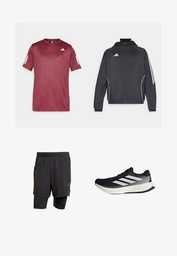 Čierna športová bunda s kapucňou, ktorá má biele pruhy pozdĺž rukávov a zips v prednej časti. Vyrobená z hladkej, ľahkej tkaniny.; Bordová športová košeľa s krátkym rukávom vyrobená z hladkého, ľahkého materiálu. Má biele logo na hrudi a kontrastné biele akcenty na rukávoch.; Čierne športové šortky s integrovanou vnútornou vrstvou, vyrobené z priedušného materiálu. Disponujú nenápadným logom a štruktúrovanou textúrou. Nastaviteľný pás.; Čierna atletická topánka s dizajnom z mriežky, s bielymi prúžkami, zaoblenou špičkou a textúrovanou podrážkou pre lepšiu priľnavosť a podporu.