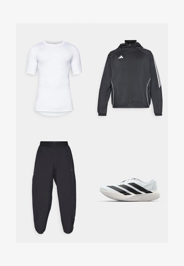 Crna atletska jakna s kapuljačom, s bijelim prugama duž rukava i zatvaranjem na zip. Izrađena od glatkog, laganog materijala.; Bijela kratka majica s kratkim rukavima, izrađena od rastezljivog materijala. Ima okrugli izrez i ravne šavove za udobnost te prilagođen dizajn.; Crne sportske hlače s elastičnim pojasom, bočnim džepovima sa zatvaračem, suženim nogavicama i suptilnim logom na desnom bedru.; Lagane tenisice za trčanje u svijetloplavoj boji s crnim trakama. Imaju glatku gornju površinu, okrugli vrh i debeli bijeli srednji sloj označen "LIGHTSTRIKE PRO."