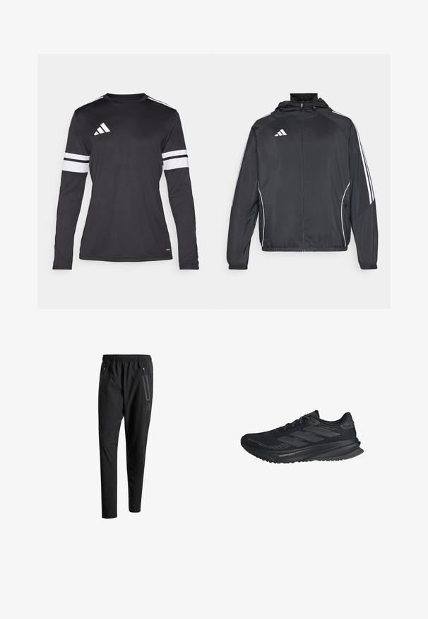 Must värvi sportlik jakk kapuutsiga, millel on valged triibud varrukatel ja lukuga esiosa. Valmistatud siledast, kergest kangast.; Pikad varrukad must spordisärk, millel on valged kolmeribalised aktsendid varrukatel ja valge logo rinnal. Valmistatud pehmest, hingavast kangast.; Mustavad spordipüksid elastse vöökoha, kahe tõmblukuga küljetasku, kitsenevate säärete ning õrna logodetailiga puusadel.; Mustad mustad Adidas jooksujalats, millel on Gore-Tex ülemine osa, kolm triipu küljel ja "Dreamstrike" talla peal, vaadatuna välisküljelt.