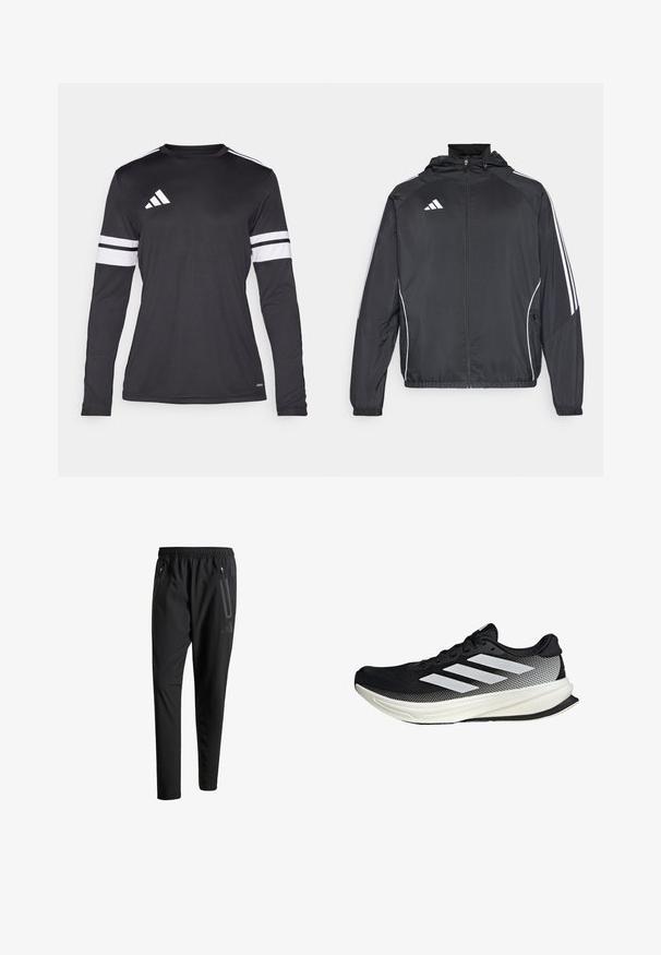 Schwarze Sportjacke mit Kapuze, ausgestattet mit weißen Streifen an den Ärmeln und einem Reißverschluss vorne. Hergestellt aus einem glatten, leichten Stoff.; Langärmliges schwarzes Sportshirt mit weißen drei Streifen Akzenten an den Ärmeln und einem weißen Logo auf der Brust. Hergestellt aus weichem, atmungsaktivem Stoff.; Schwarze Sporthose mit elastischem Bund, zwei Reißverschlusstaschen an den Seiten, schmal zulaufenden Beinen und einem dezenten Logo-Detail an der Hüfte.; Schwarzer Sportschuh mit einem Mesh-Design, ausgestattet mit weißen Streifen, einer runden Zehenpartie und einer strukturierten Sohle für Grip und Unterstützung.