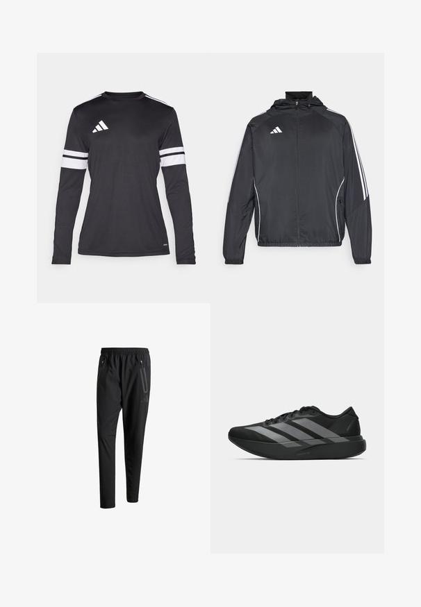 Zwarte sportjack met capuchon, voorzien van witte strepen langs de mouwen en een ritssluiting aan de voorkant. Gemaakt van een gladde, luchtige stof.; Zwart sportshirt met lange mouwen, voorzien van witte drie-strepen accenten op de mouwen en een wit logo op de borst. Gemaakt van zachte, ademende stof.; Zwarte sportbroeken met een elastische tailleband, twee ritszakken aan de zijkant, taps toelopende pijpen en een subtiele logo-detail op de heup.; Zwarte sportieve schoenen met een lichtgewicht ontwerp, voorzien van drie opvallende grijze strepen, een gladde textuur en een gevormde zool.