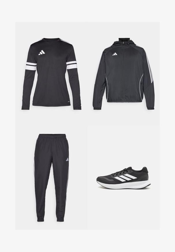 Zwarte sportjack met capuchon, voorzien van witte strepen langs de mouwen en een ritssluiting aan de voorkant. Gemaakt van een gladde, luchtige stof.; Zwart sportshirt met lange mouwen, voorzien van witte drie-strepen accenten op de mouwen en een wit logo op de borst. Gemaakt van zachte, ademende stof.; Zwarte sportieve broek met een elastische tailleband, voorzien van witte strepen aan de zijkanten en een klein logo op de heup. Gladde textuur.; Zwart sportief schoen met ademend mesh bovenwerk, witte accenten en een gevoerde zool. Beschikt over een logo met drie strepen aan de zijkant.