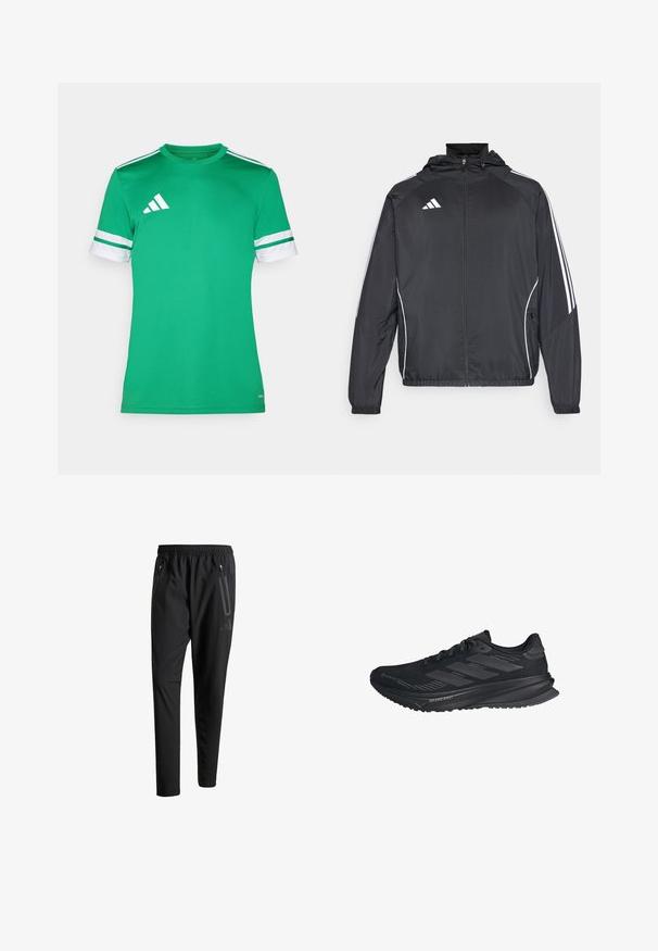 Melnā sporta jaka ar kapuci, ar baltām svītrām pa piedurknēm un ar rāvējslēdzēju priekšpusē. Izgatavota no gludas, vieglas auduma.; Zaļš sporta krekls, izgatavots no gludas auduma, ar baltām svītrām uz piedurknēm un trīsstūrveida baltu logotipu augšējā kreisajā pusē.; Melni sporta bikses ar elastīgu vidukli, divām kabatām ar rāvējslēdzējiem sānos, sašaurinātām kājām un diskrētu logo detaļu uz gurniem.; Melni Adidas skriešanas apavi ar Gore-Tex augšdaļu, trīs svītras sānos un uzrakstu "Dreamstrike" uz zoles, redzēti no ārējās puses.