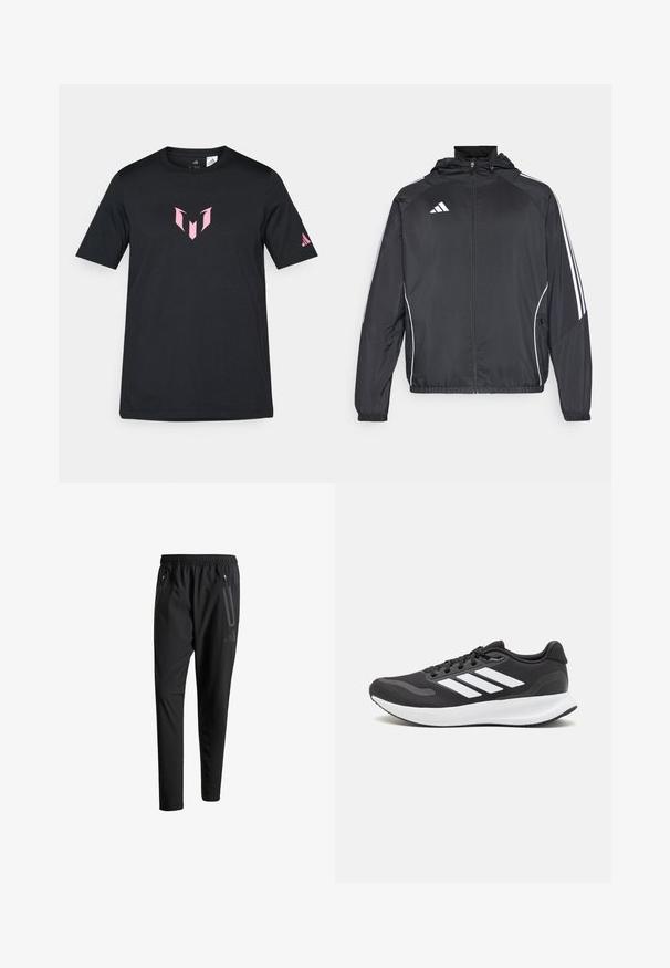 Schwarze Sportjacke mit Kapuze, ausgestattet mit weißen Streifen an den Ärmeln und einem Reißverschluss vorne. Hergestellt aus einem glatten, leichten Stoff.; Schwarzes Kurzarm-T-Shirt aus Baumwolle, mit einem pinken geometrischen Logo auf der Brust und einem Adidas-Logo auf dem Ärmel.; Schwarze Sporthose mit elastischem Bund, zwei Reißverschlusstaschen an den Seiten, schmal zulaufenden Beinen und einem dezenten Logo-Detail an der Hüfte.; Schwarzer Sportschuh mit atmungsaktivem Mesh-Obermaterial, weißen Akzenten und einer gepolsterten Sohle. Mit drei Streifen-Logo an der Seite.
