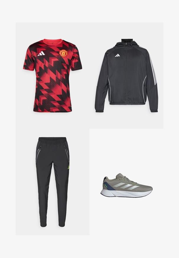 Zwarte sportjack met capuchon, voorzien van witte strepen langs de mouwen en een ritssluiting aan de voorkant. Gemaakt van een gladde, luchtige stof.; Rood en zwart Manchester United shirt, met een geometrisch patroon, korte mouwen, ronde hals en geborduurd clublogo op de borst.; adidas Performance REAL MADRID TIRO25 PRO VIS TECH TRAVEL PANT - Fanartikel - black/lucid lemon; Hardloopschoen in grijs mesh met zilveren accenten, voorzien van een gepolsterde tong, vetersluiting en een witte gevoerde zool.