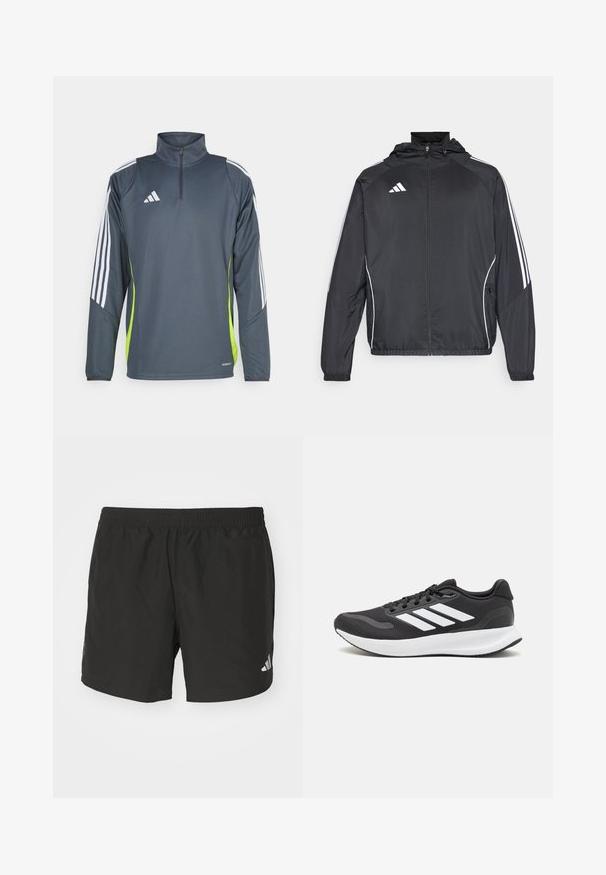 Black athletic jacket with a hood, featuring white stripes along the sleeves and a zippered front. Made from a smooth, lightweight fabric.; Dark gray athletic pullover with quarter zip, white stripes on shoulders, and a bright green side panel. Made from a smooth, breathable fabric.; Black athletic shorts with an elastic waistband, side slits, and reflective logo accents. Made of lightweight, smooth fabric.; Black athletic shoe with breathable mesh upper, white accents, and a cushioned sole. Features three stripes logo on the side.