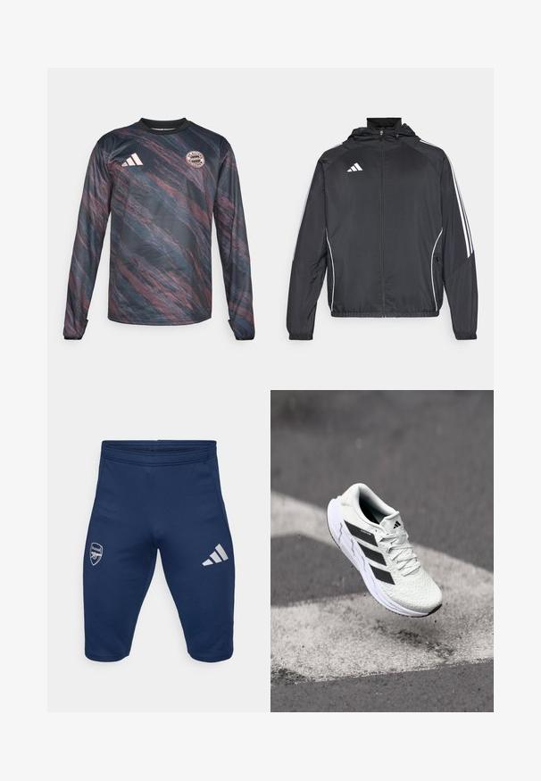 Črna športna jakna s kapuco, z belimi črtami ob rokavih in z zadrgo spredaj. Narejena iz gladkega, lahkega materiala.; Dolgi rokavi dresa v temno modri in maroon barvi z teksturiranim, valovitim vzorcem. Ima črn ovratnik in logo FC Bayern München na prsih.; Morske atletske kratke hlače, narejene iz raztegljive tkanine, z logotipom Arsenala na levi nogi in tremi belimi Adidasovimi črtami na desni nogi.; Bela atletska čevlja z teksturiranim mrežastim zgornjim delom, črnimi črtami, zavezovanjem na vezalke in oblazinjenim podplatom, lebdi nad označeno cesto.