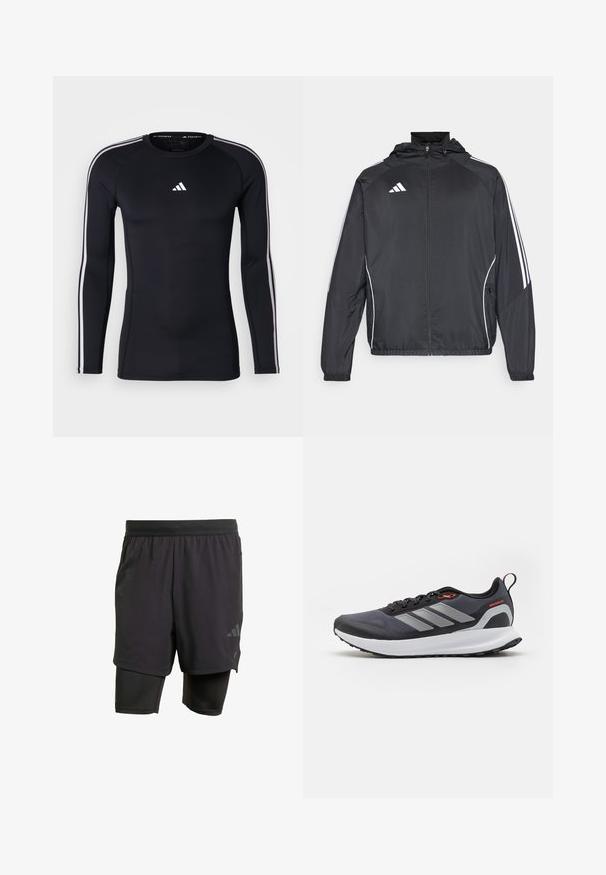 Schwarze Sportjacke mit Kapuze, ausgestattet mit weißen Streifen an den Ärmeln und einem Reißverschluss vorne. Hergestellt aus einem glatten, leichten Stoff.; Schwarzes, langärmliges Sportshirt mit einer figurbetonten Passform. Es hat ein weißes Adidas-Logo auf der Brust und weiße Streifen entlang der Schultern.; Schwarze Sportshorts mit integrierter Innenschicht, aus atmungsaktivem Material hergestellt. Mit dezentem Logo und strukturierter Textur. Verstellbarer Bund.; Laufschuhe in Schwarz mit grauen Akzenten. Verfügt über ein strukturiertes Obermaterial, eine robuste Sohle und reflektierende Streifen. Leichtes Design mit einer gepolsterten Zwischensohle.